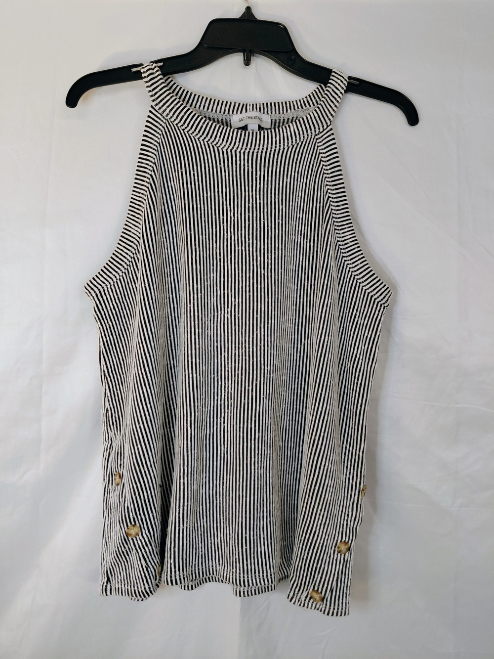 Sleeveless Black & White Striped Halter Tank with Side Button Detail